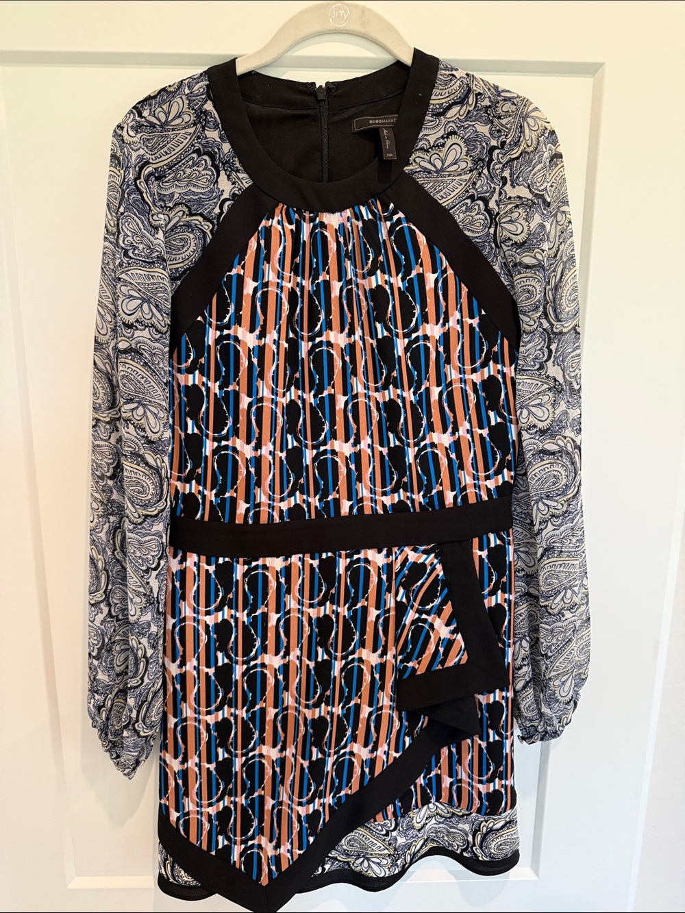 BCBGMaxAzria Long-Sleeve Mixed-Print Dress in Blue, Black and Cream